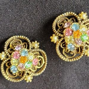 Vintage Multi Colored Stones Gold Tone Earrings